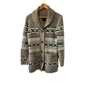 SANSARA Wool Blend Tan Printed Button Up Long Sleeve Cardigan Sweater M